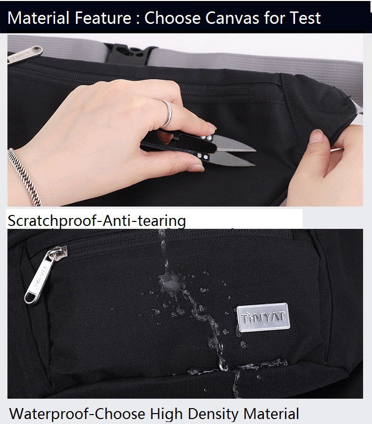 water resistant nylon waist bag fabric shown with scratch demonstration and water droplets on the outer surface
