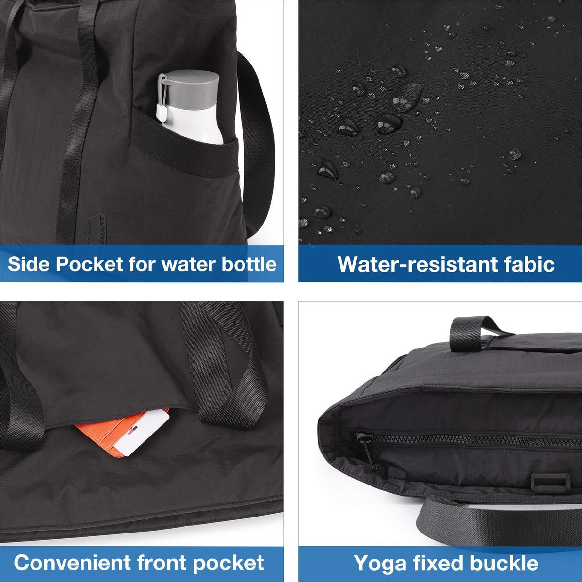 travel tote with water bottle pocket water-resistant fabric front pocket and yoga mat fixing strap