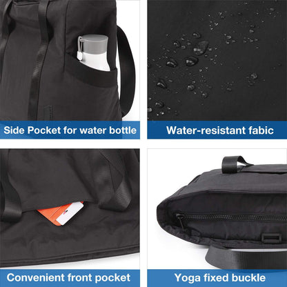 travel tote with water bottle pocket water-resistant fabric front pocket and yoga mat fixing strap