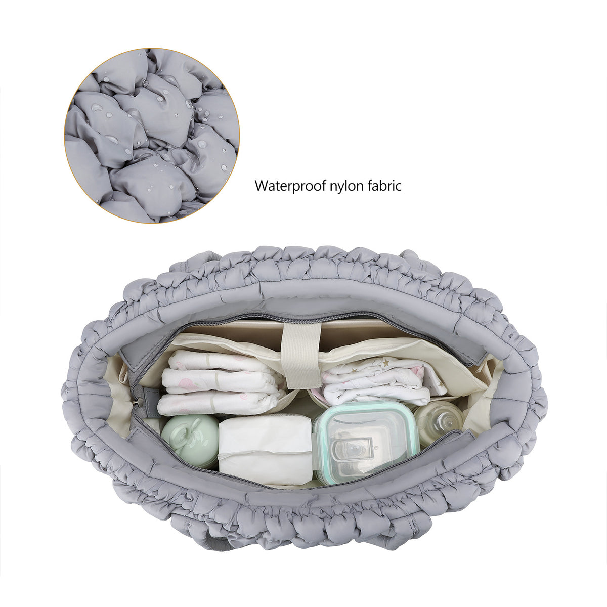 waterproof diaper bag in nylon with divided interior storage for diapers bottles and baby items