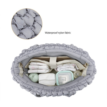 waterproof diaper bag in nylon with divided interior storage for diapers bottles and baby items