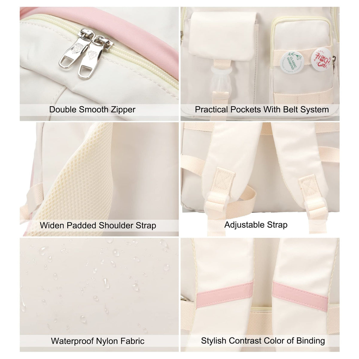waterproof nylon school backpack details with double zipper padded shoulder straps adjustable webbing and contrast binding