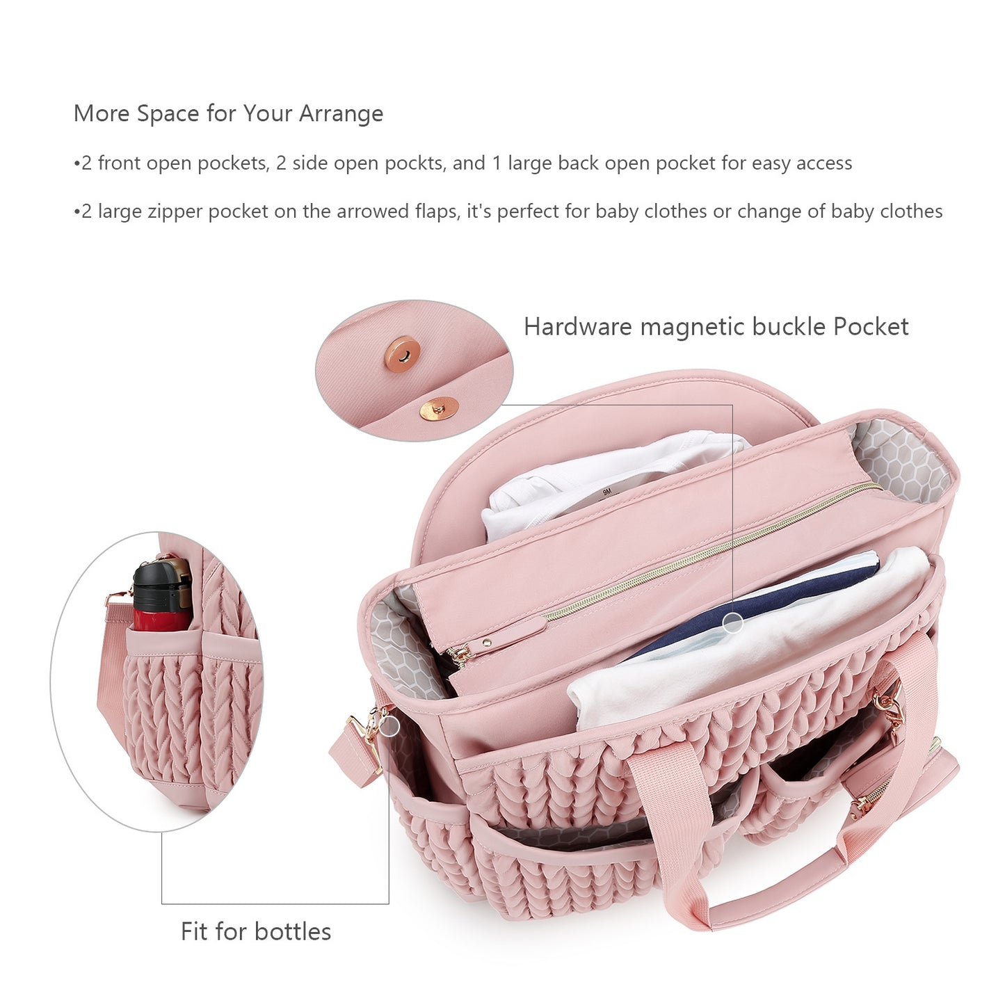 Waterproof quilted diaper tote bag with insulated bottle pockets