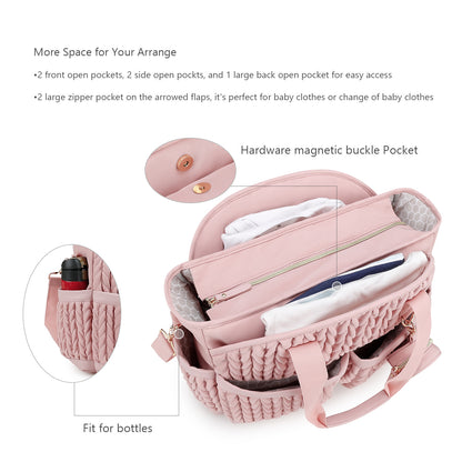 Waterproof quilted diaper tote bag with insulated bottle pockets