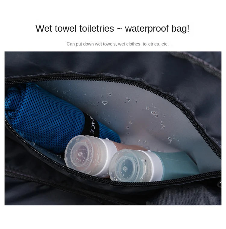 waterproof inner wet pocket for towels toiletries and damp clothing in a travel gym bag