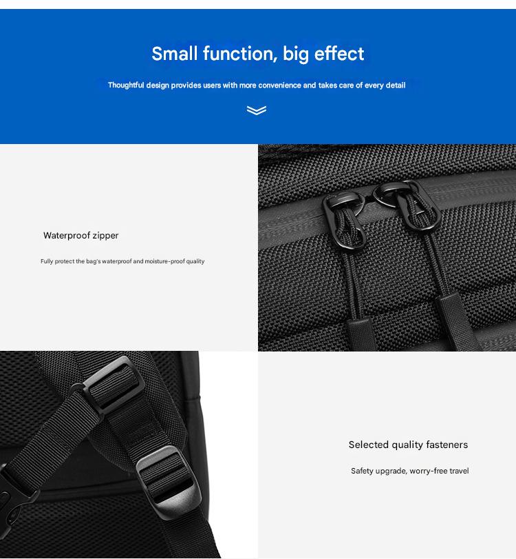 waterproof zipper backpack detail with dual zipper pulls and adjustable shoulder strap fasteners