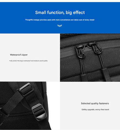 waterproof zipper backpack detail with dual zipper pulls and adjustable shoulder strap fasteners