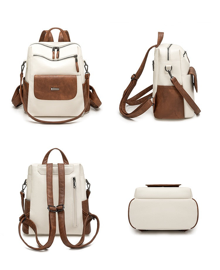 white and brown convertible backpack shown from front side rear and bottom views with adjustable backpack straps