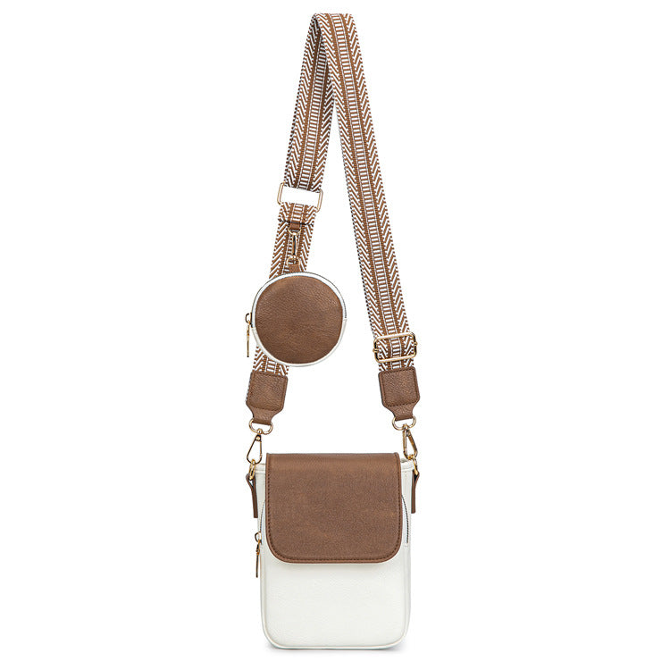 white brown two-tone crossbody phone bag with brown flap white lower body matching coin purse and patterned strap