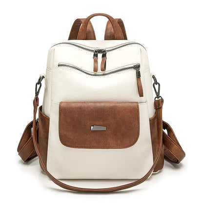 white and brown colorblock pu womens backpack with contrast shoulder straps and front flap pocket