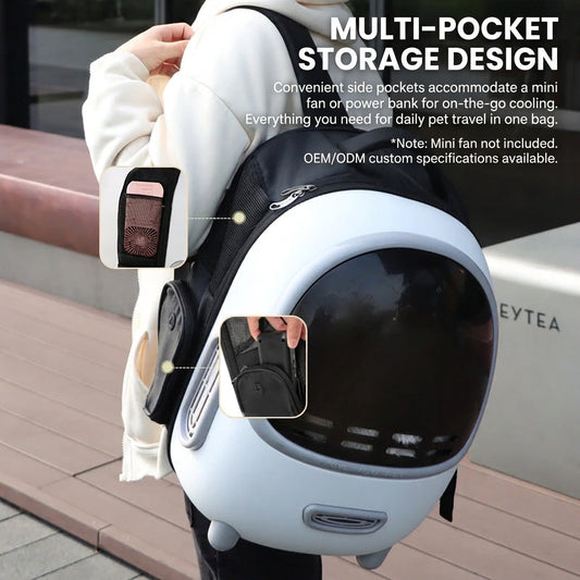 white space capsule pet carrier backpack worn outdoors showing hard shell viewing window and multi pocket design