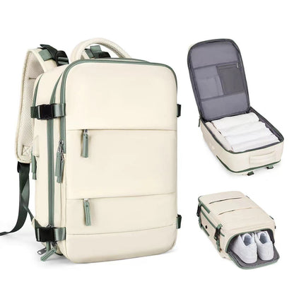 white travel backpack with laptop compartment and separate shoe storage