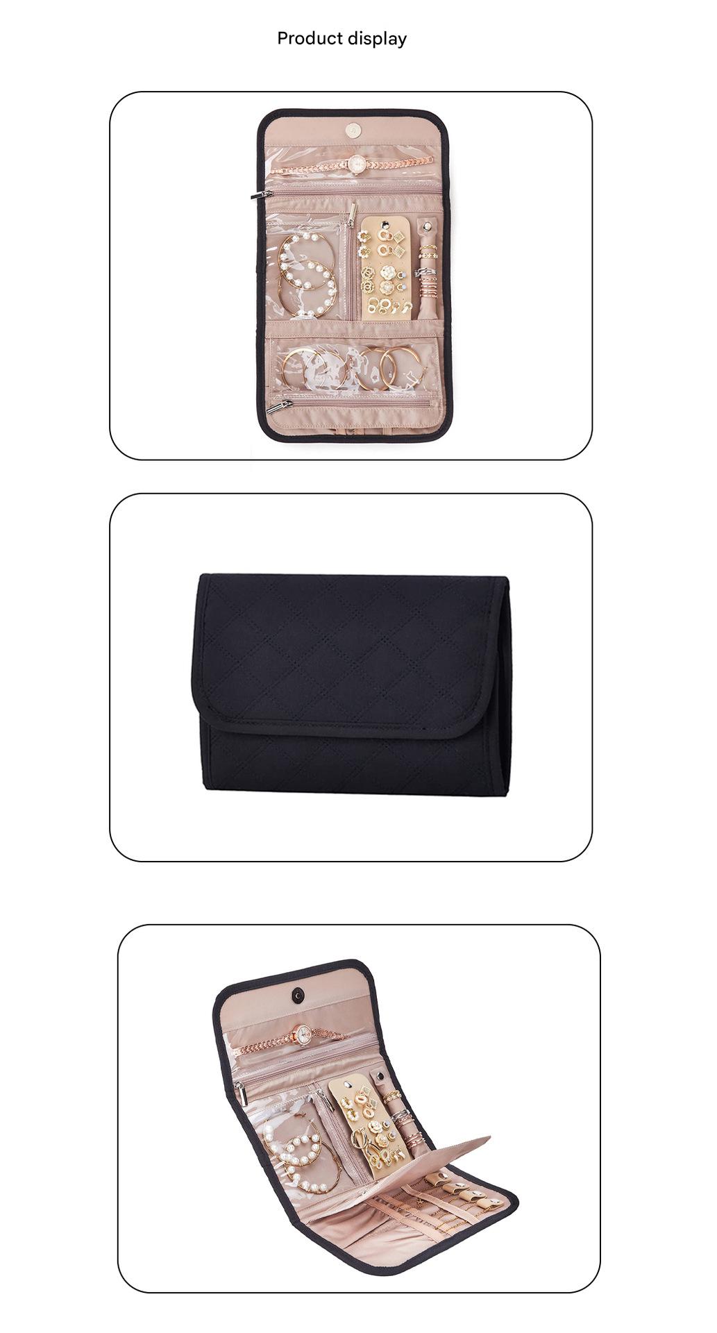 wholesale foldable jewelry organizer display showing interior transparent zipper pockets black quilted exterior and open jewelry holder layout