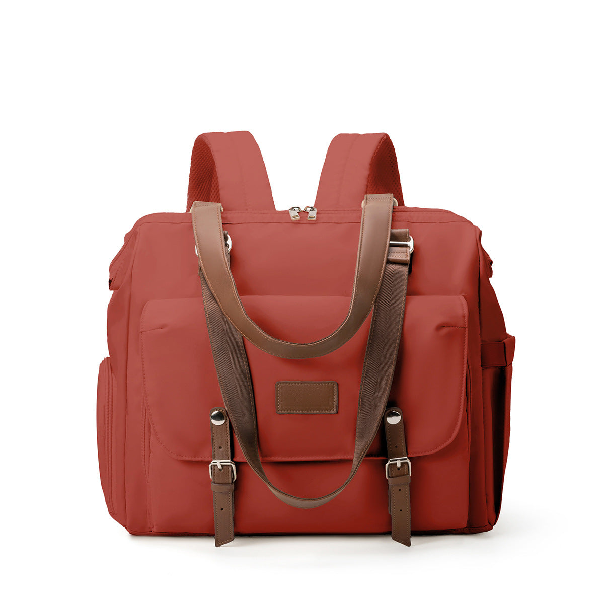wine red convertible diaper bag tote backpack with brown carrying straps front flap storage and buckle-style trim