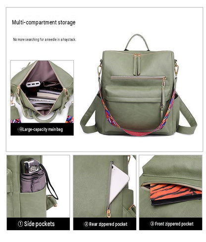 multi pocket womens backpack showing main compartment side pockets rear zipper pocket and front zipper storage