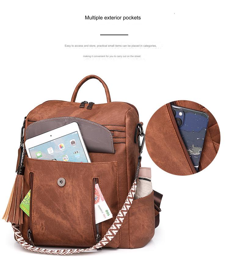 womens convertible backpack with open front flap pocket two front zipper sections and side pocket for organized storage