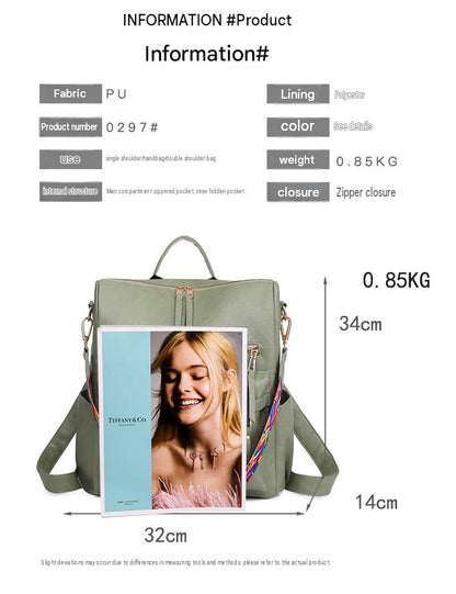 womens pu backpack specification chart showing 32 cm width 14 cm depth 34 cm height polyester lining and 0.85 kg weight