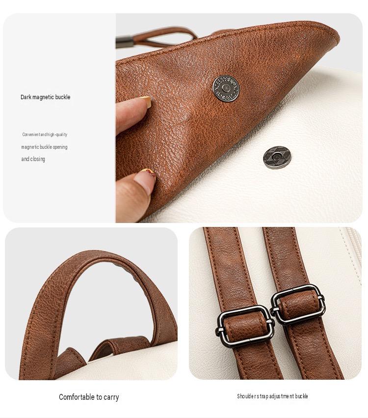 detail photos of magnetic front flap snap top handle and adjustable backpack shoulder strap buckles