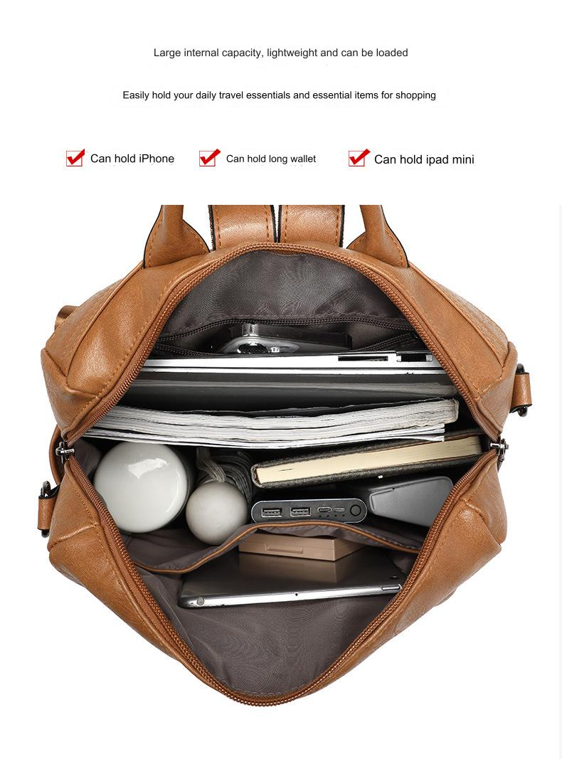 open brown women's work backpack showing main compartment with tablet notebooks wallet and organized daily essentials