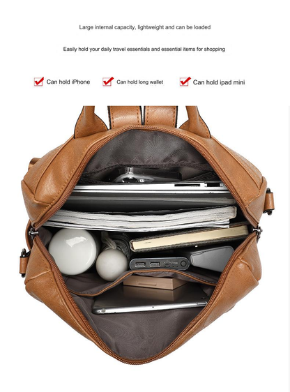 open brown women's work backpack showing main compartment with tablet notebooks wallet and organized daily essentials