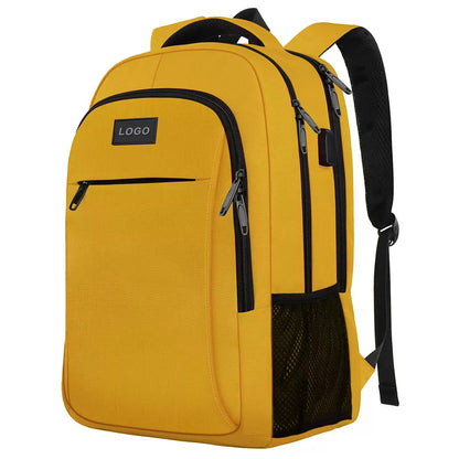 yellow custom logo business backpack with laptop storage side mesh pockets and adjustable shoulder straps
