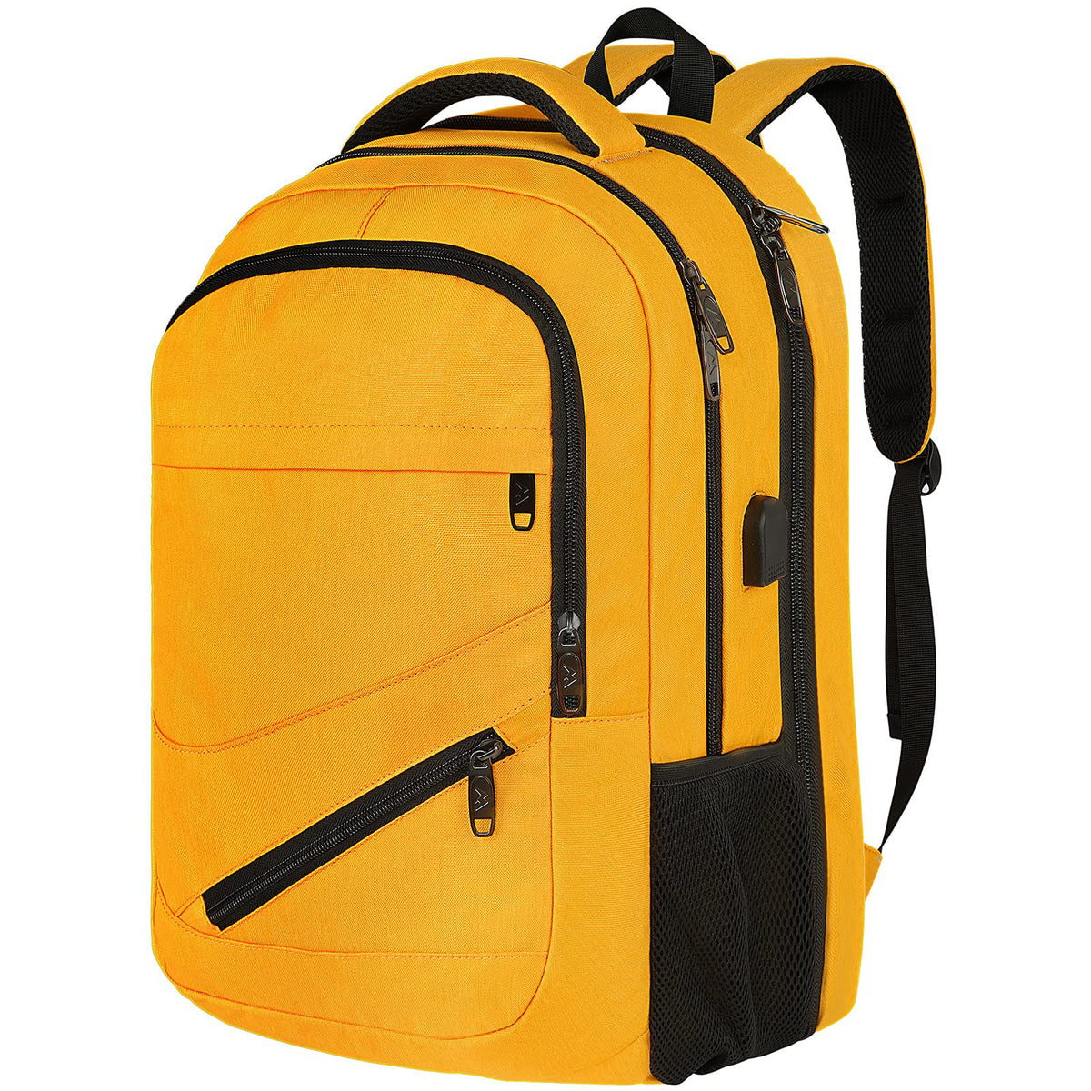 yellow custom logo laptop travel backpack with multiple zipper compartments and side mesh pocket