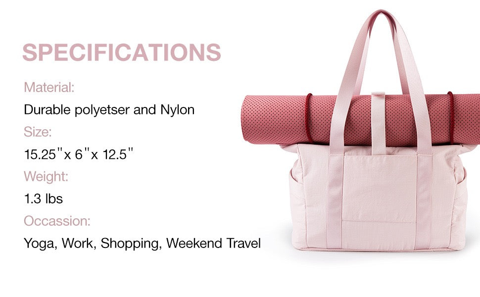 yoga travel tote bag with external mat strap and 15.25 x 6 x 12.5 inch size reference