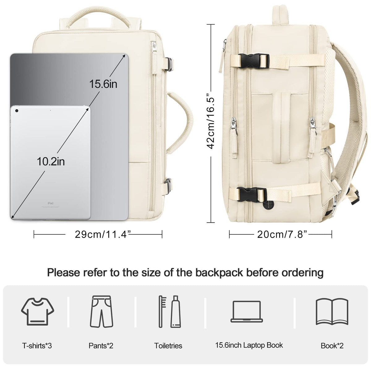 15.6 inch laptop travel backpack measuring 42 x 29 x 20 cm with tablet clothing toiletries and book storage