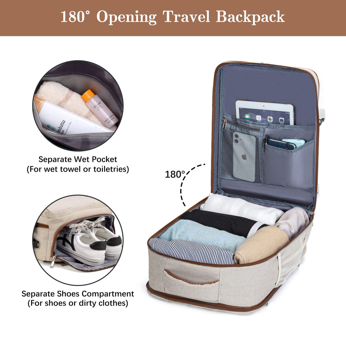 180 opening travel backpack with organized storage compartments