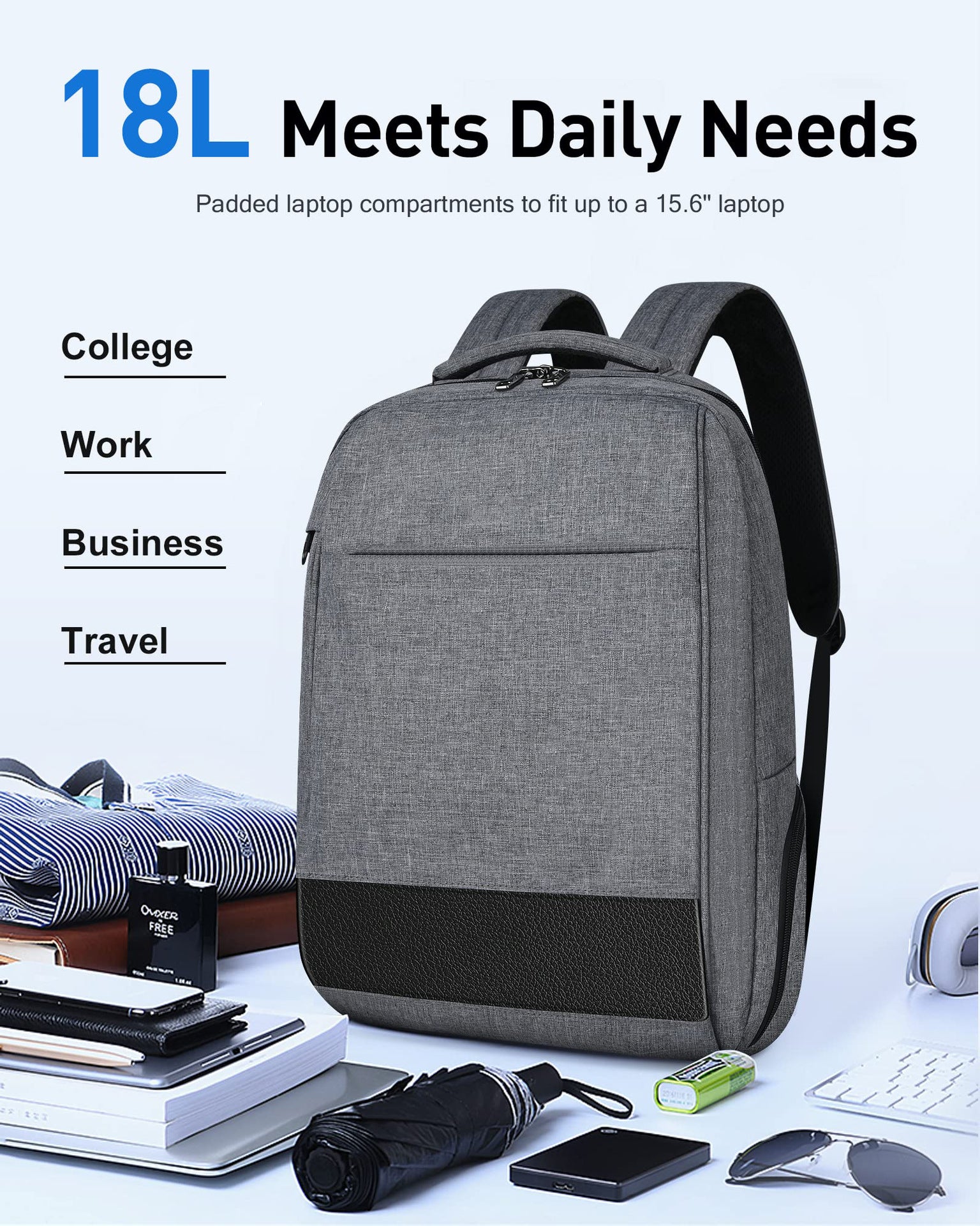 18l business travel laptop backpack with 15.6 inch laptop compartment