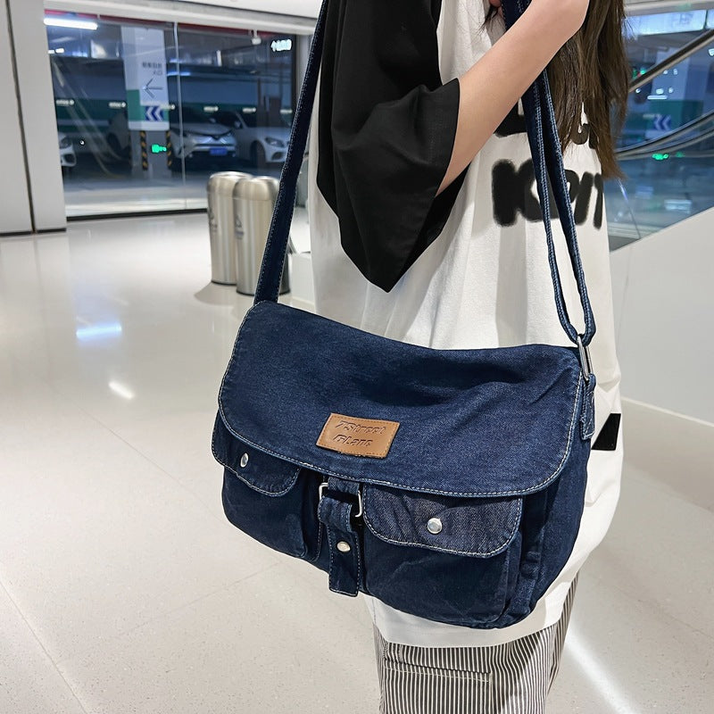 Customizable Retro Simple Denim Bag Casual Pure Color Washed Denim Canvas Bag Student Small Cross-Body Bag Japanese Shoulder Bag