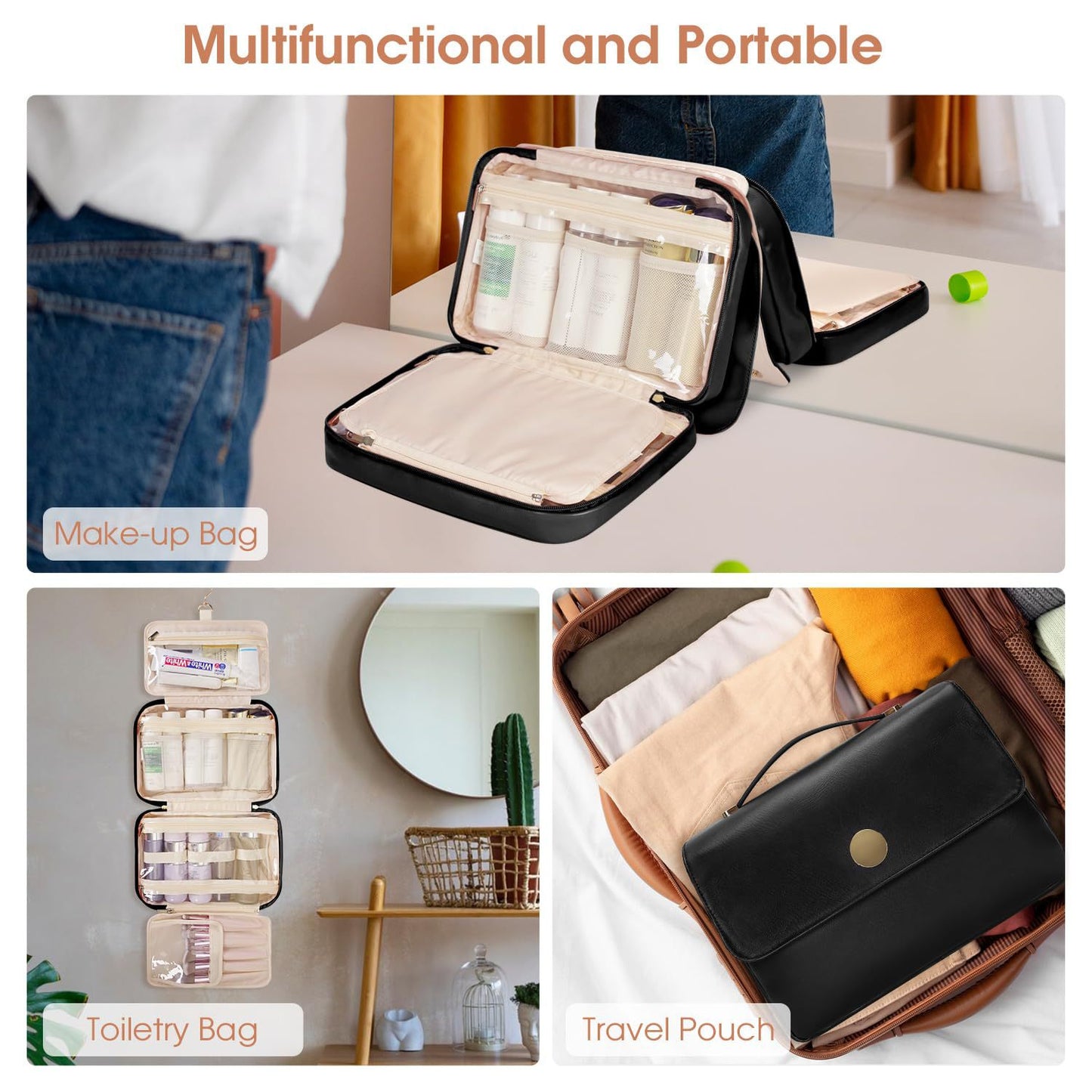 Customizable Women's Wash Bag Hanging Travel Makeup Storage Bag Pu Leather Waterproof Toiletries Cosmetic Bag