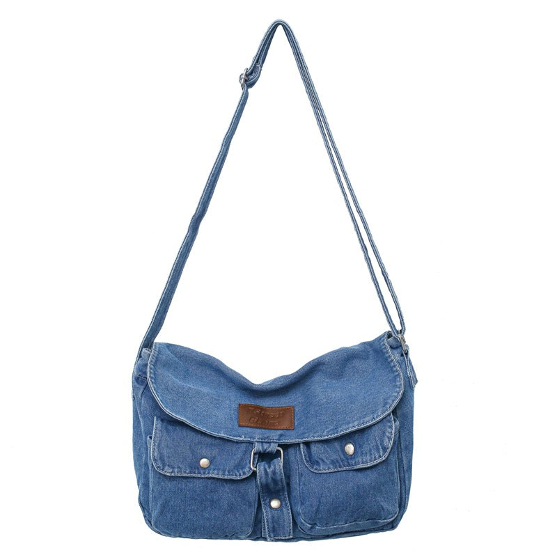 Customizable Retro Simple Denim Bag Casual Pure Color Washed Denim Canvas Bag Student Small Cross-Body Bag Japanese Shoulder Bag