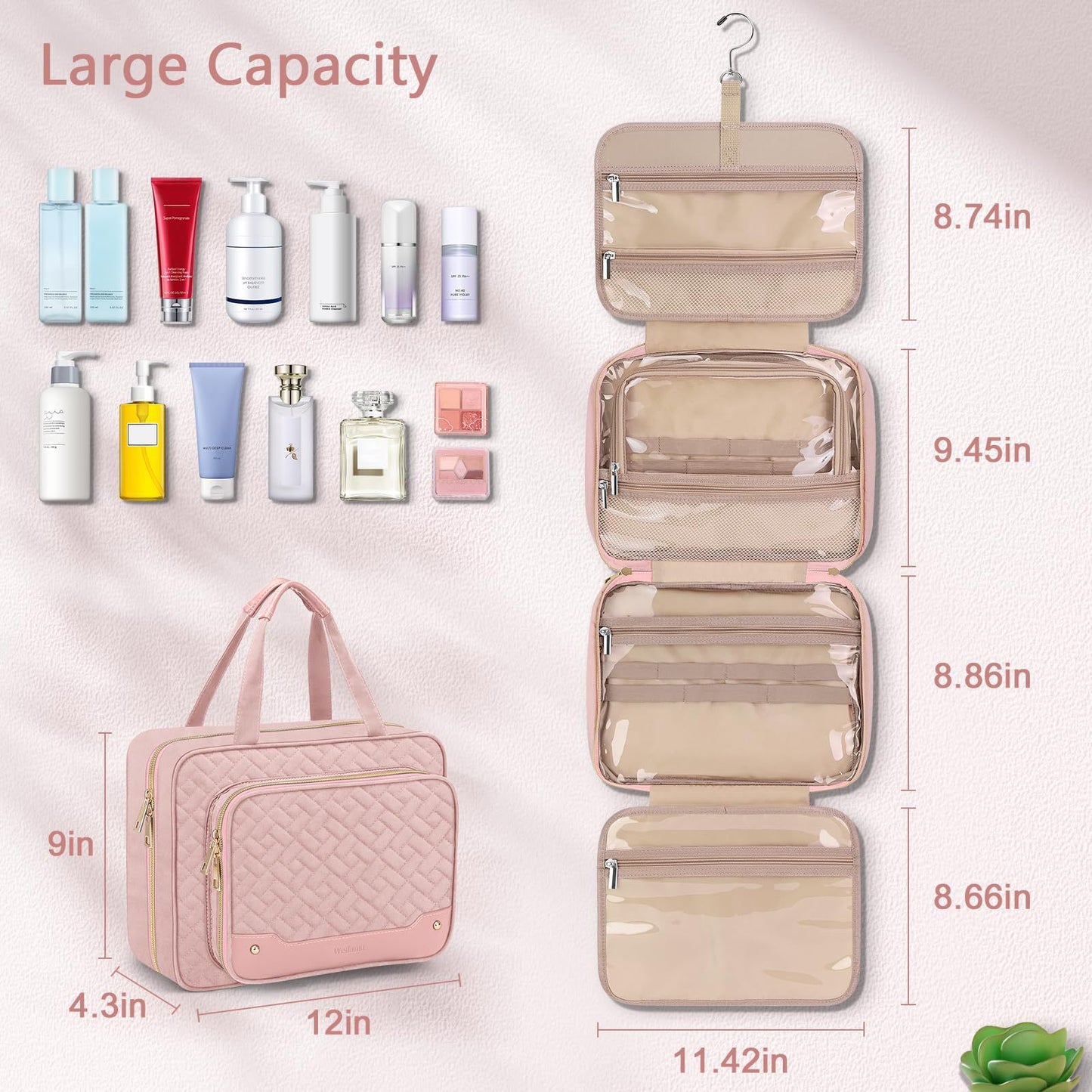 Customizable Ladies Toiletries Bag Hanging Travel Toiletry Bag with Jewelry Storage Bag Large Cosmetic Bag