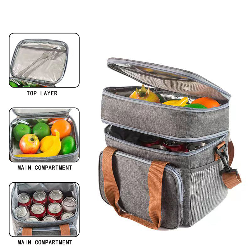 Amazon Double Layer Lunch Bag Crossbody Large Capacity Thermal Insulation Lunch Bag Outdoor Picnic Waterproof Ice Pack Insulated Bag