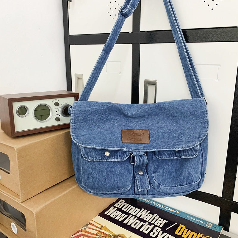 Customizable Retro Simple Denim Bag Casual Pure Color Washed Denim Canvas Bag Student Small Cross-Body Bag Japanese Shoulder Bag