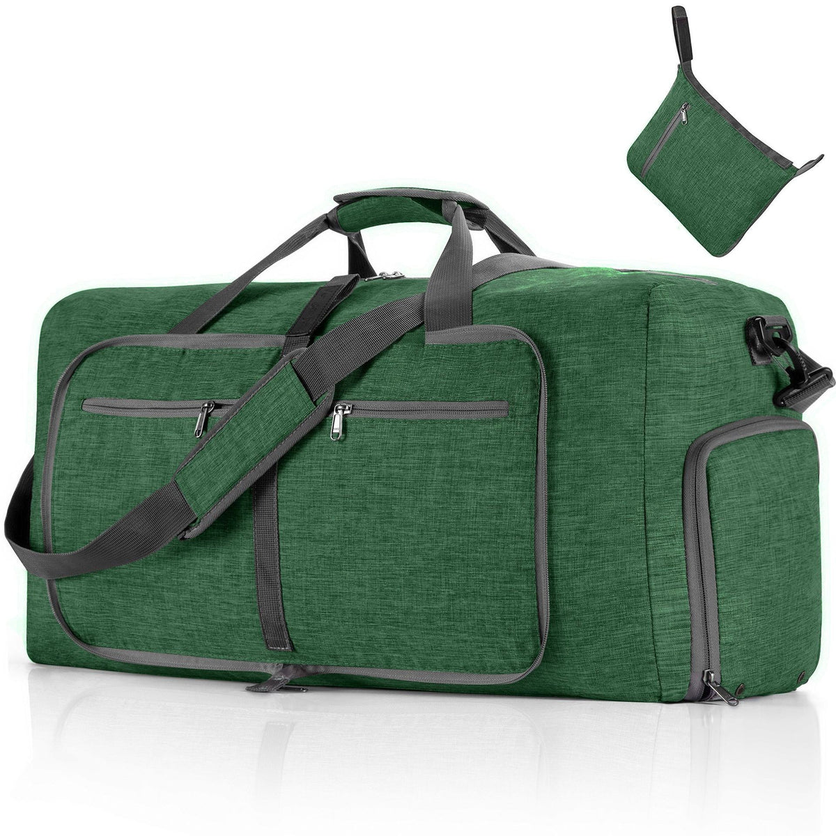 ant dark green large foldable duffel with front zip pockets and side compartment