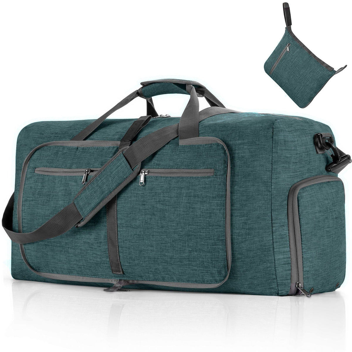 ant green multi-pocket travel duffel with large main body and separate side storage