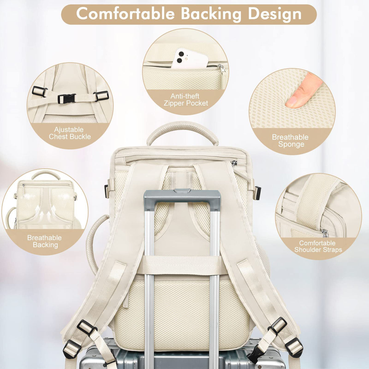 anti theft travel backpack with luggage sleeve breathable padded back shoulder straps chest buckle and rear zipper pocket