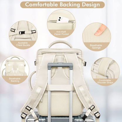 anti theft travel backpack with luggage sleeve breathable padded back shoulder straps chest buckle and rear zipper pocket