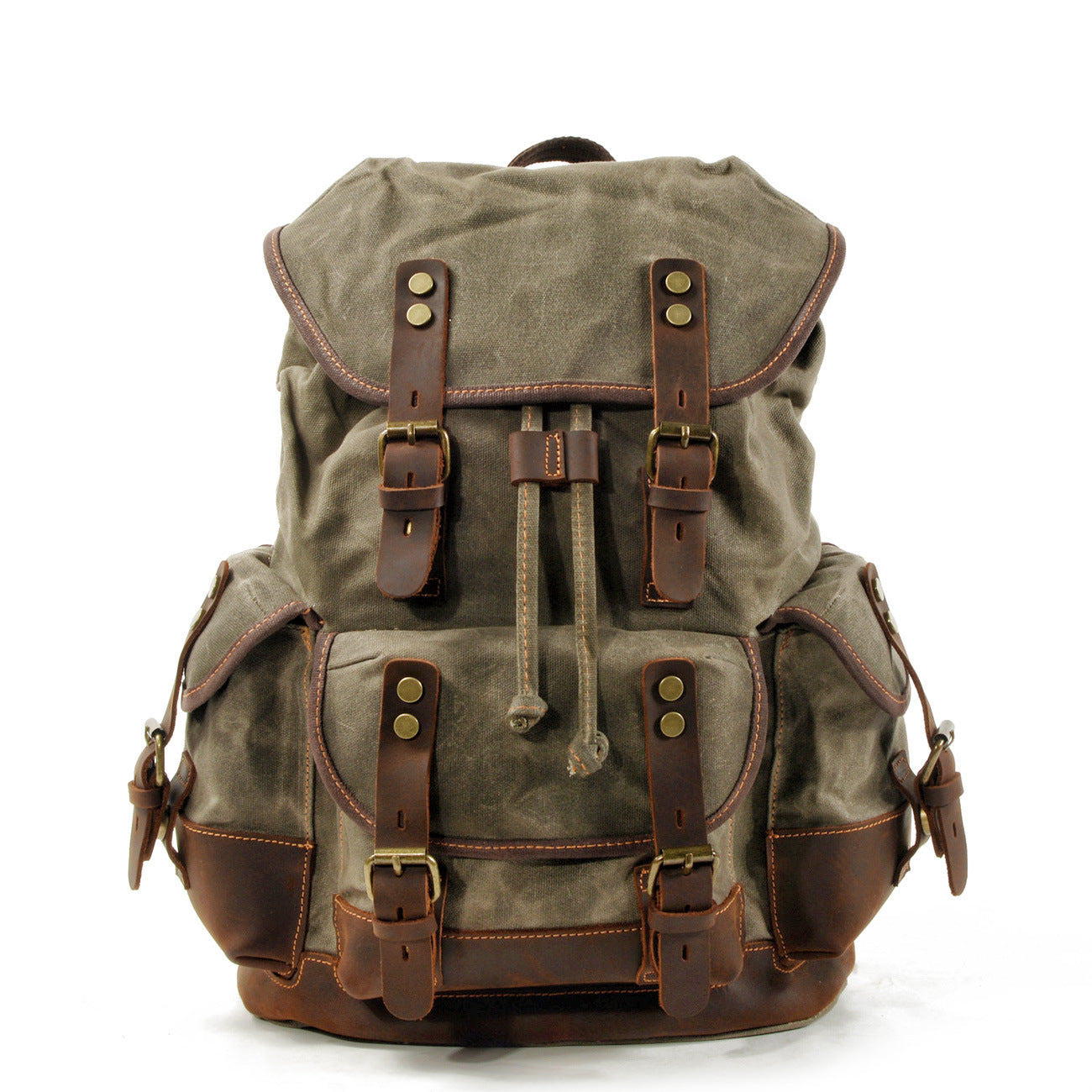 army green canvas backpack with leather accents for outdoor travel and hiking