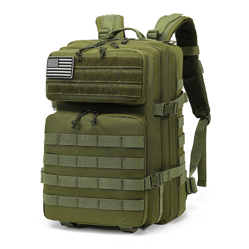 army green tactical backpack with front molle webbing and multiple pockets