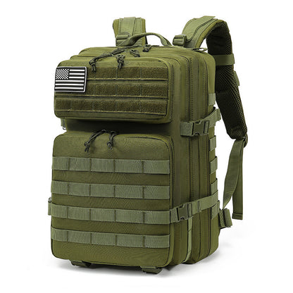 army green tactical backpack with front molle webbing and multiple pockets