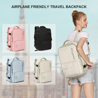 backpack carry-on travel design shown in pink black light blue and beige color options