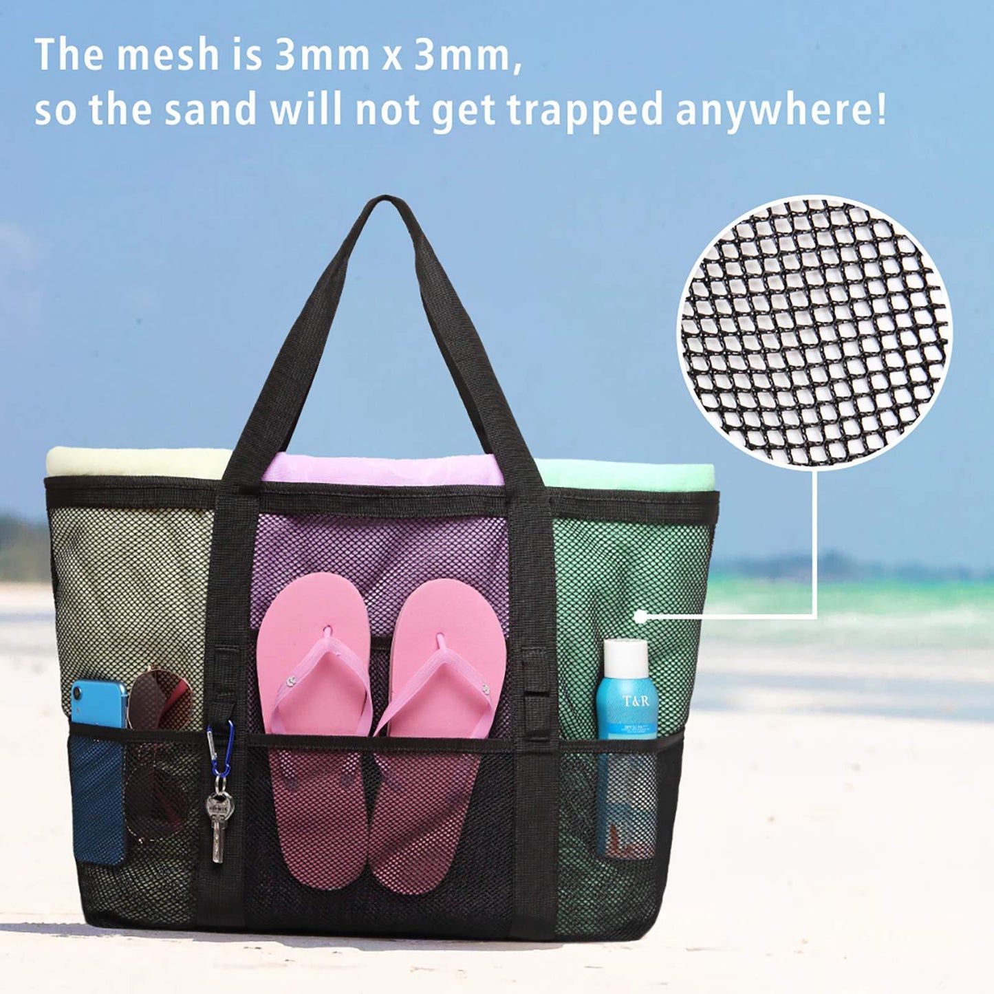 black mesh beach tote bag,custom,detail 02