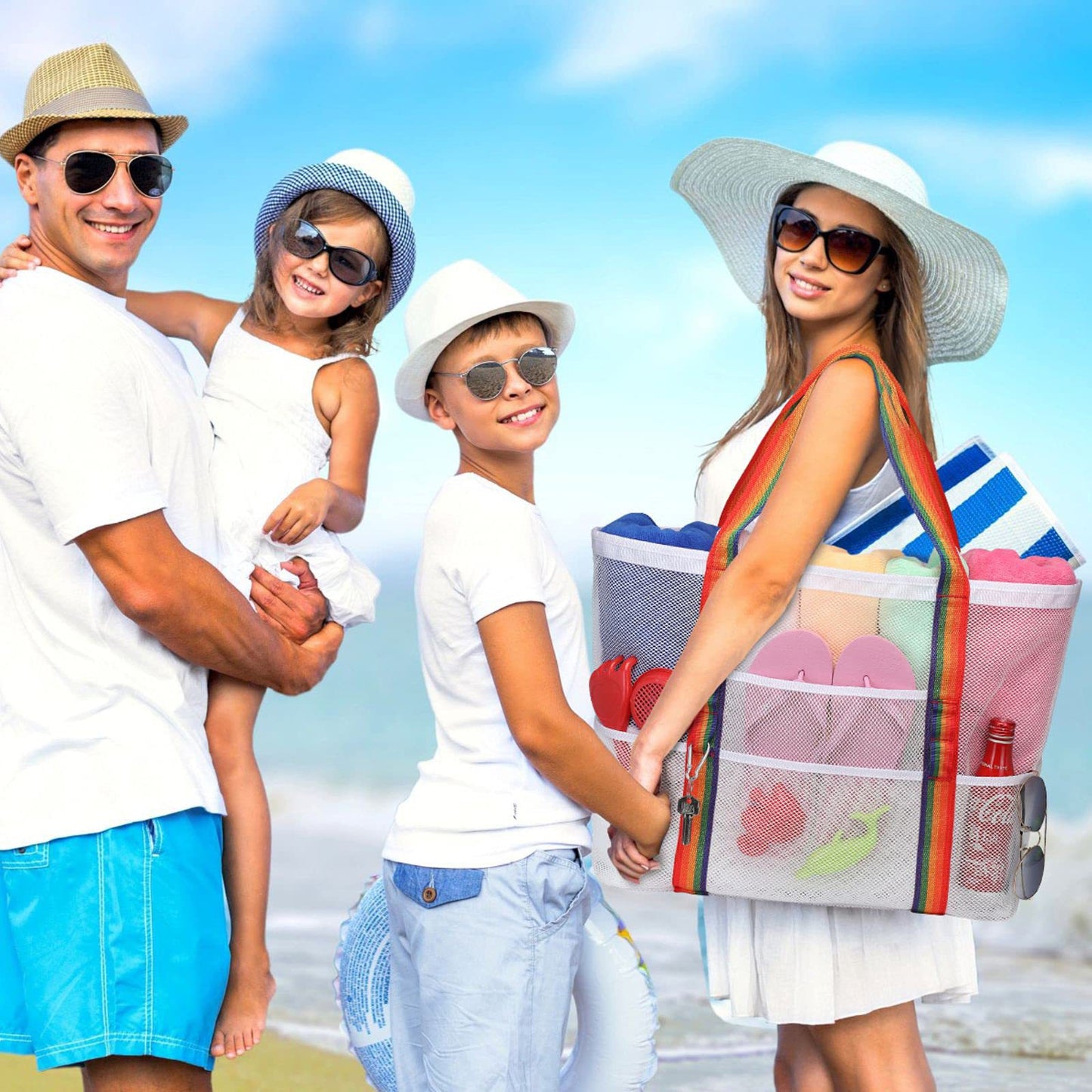 white mesh beach tote bag,custom,lifestyle