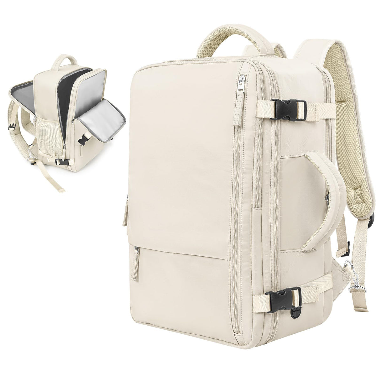 beige custom travel laptop backpack with 15.6 inch laptop compartment and luggage sleeve