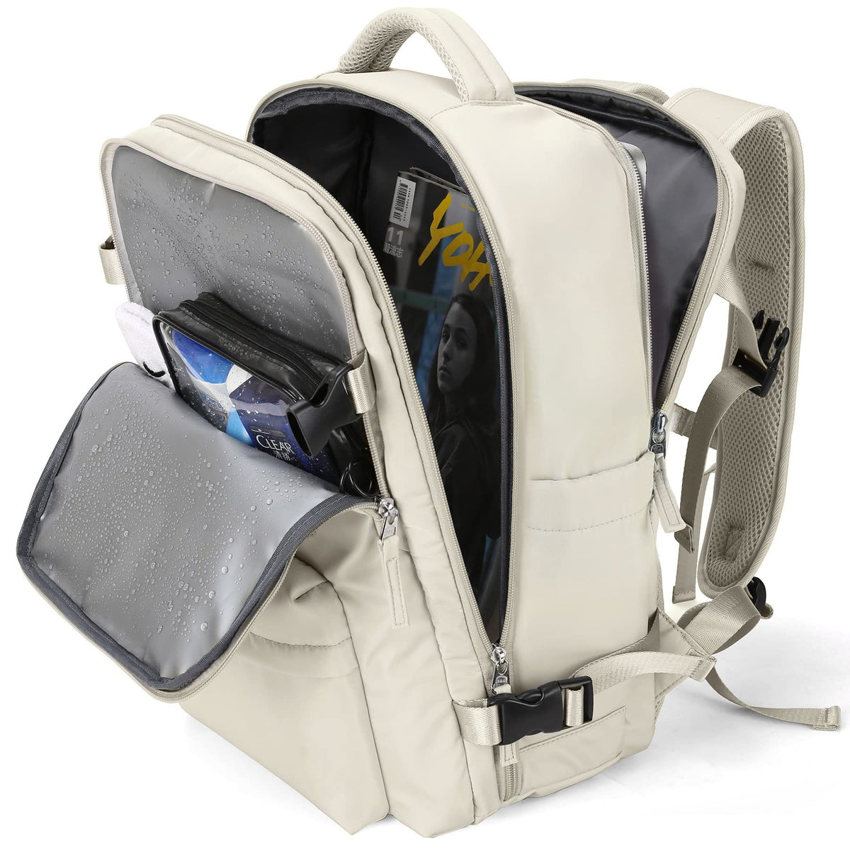 beige expandable travel backpack with wet compartment and organized multi-section storage