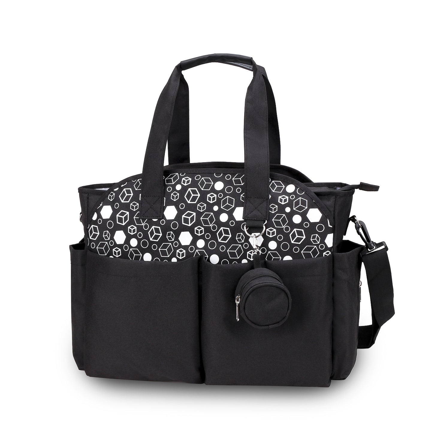 black #2 geometric diaper bag tote with multiple compartments