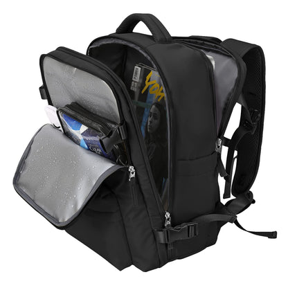 black backpack with expandable travel storage and separate shoe and wet item compartments